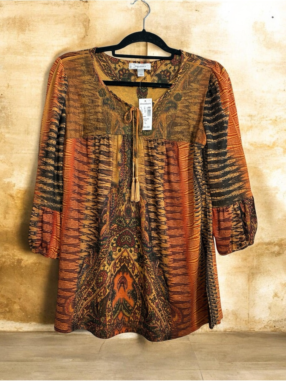 Dressbarn Orange and Brown Paisley Tie-Neck Tunic
